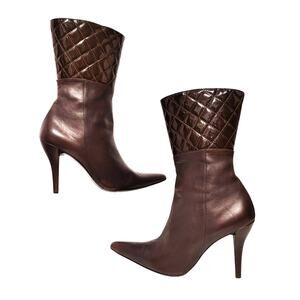 Regina Romero Quilted Leather Pointed Toe Boots Stiletto Heel Brown Womens US 6